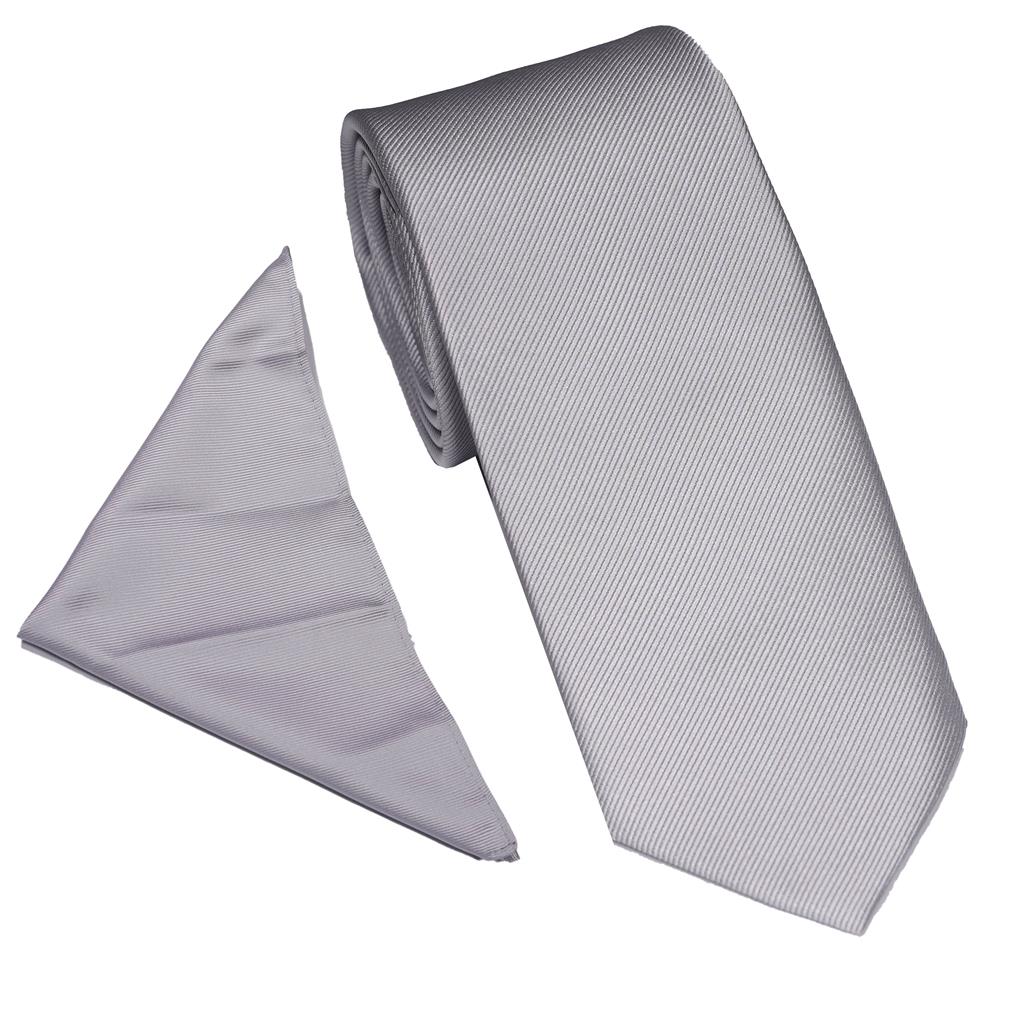 PLAIN POLY TWILL TIE SET - SILVER