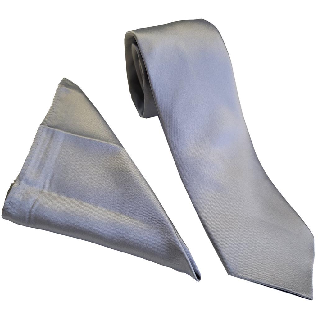 PLAIN POLY SATIN TIE SET- SILVER