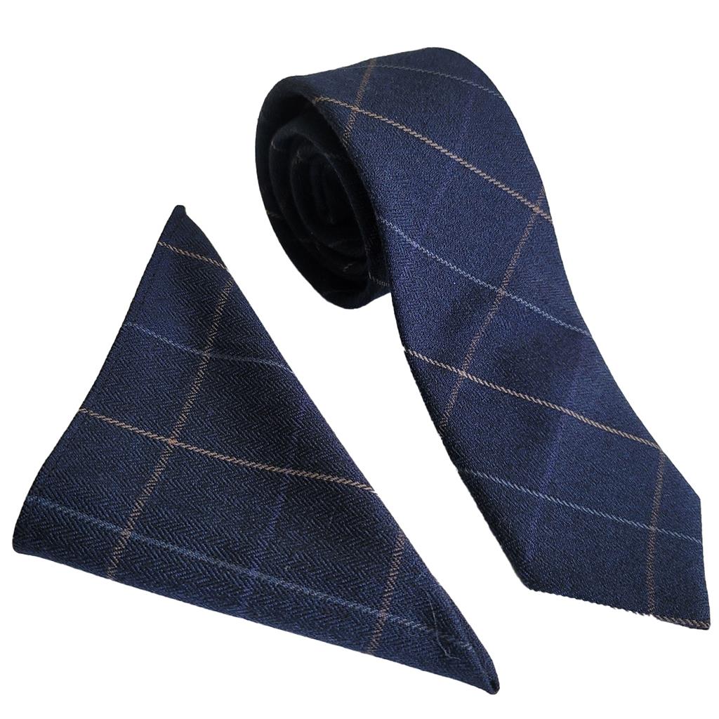 CHECK FLANNEL TIE SET - NAVY/TAN