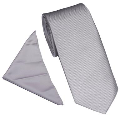 PLAIN POLY TWILL TIE SET - SILVER